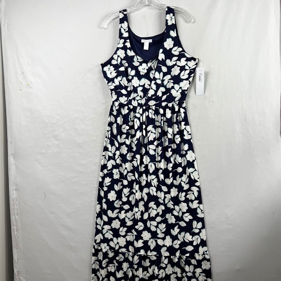 London Times Dresses & Skirts - London Times Maxi Dress Large Navy Blue White Floral Sleeveless Scoop Neck